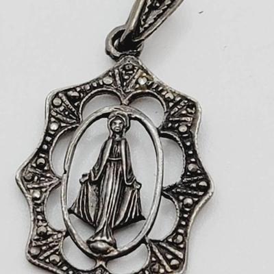 Sterling Silver and Marcasite Italy Madonna Mary Pendant