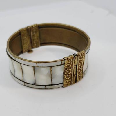 Hinged Mother Of Pearl And Brass Bracelet 