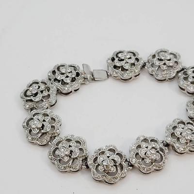 Nolan Miller Floral Rhinestone Silvertone Bracelet 