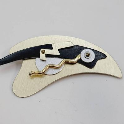 Aluminum Abstract Modernist Artisan Pin Gold Tone and Black