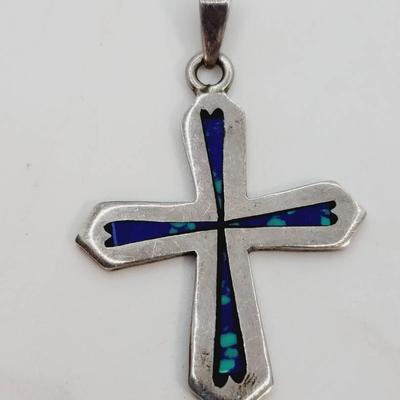 Azurite and Sterling Cross Pendant Nice Weight 