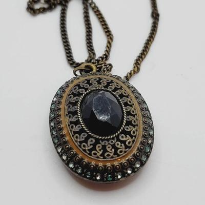 Dramatic Goth Green and Antiqued Metal Faux Locket Necklace 