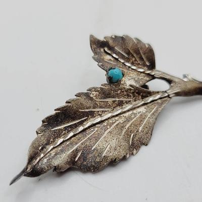 Sterling Silver with Turquoise Cabochon Leaf Pin Vintage