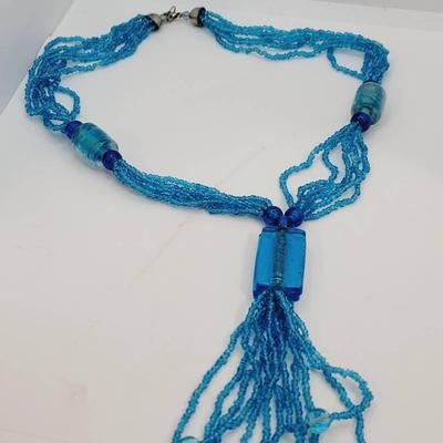 Blue Glass Beaded Tassel Necklace Vibrant Color 