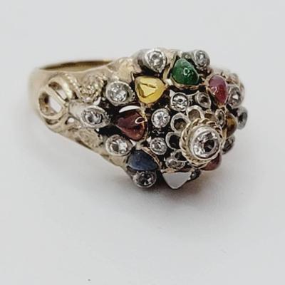Thai Princess Ring 14k Yellow Gold Multi Gem Sz 7.5 Vintage