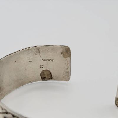 Signed C  Sterling Native Cuff Bracelet Turqoise Coral Chip