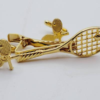 Tennis Themed Tie Bar and Cufflinks Set Gold Tone