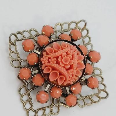 Faux Carved Coral Celluloid Pin Brooch Vintage Jewelry 