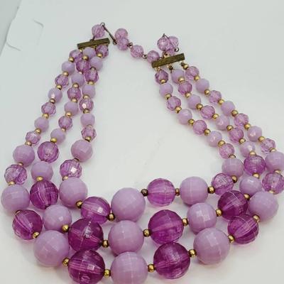 Purple Lilac Graduated Bead Three Strand Necklace 