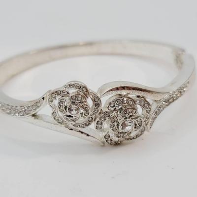 Rhinestone Rose Silver Tone Hinged Bangle Bracelet 