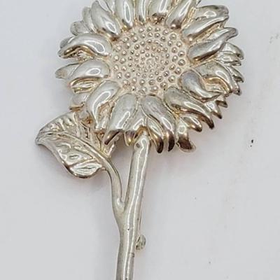 Detailed Sunflower Pin 925 Sterling Silver Signed