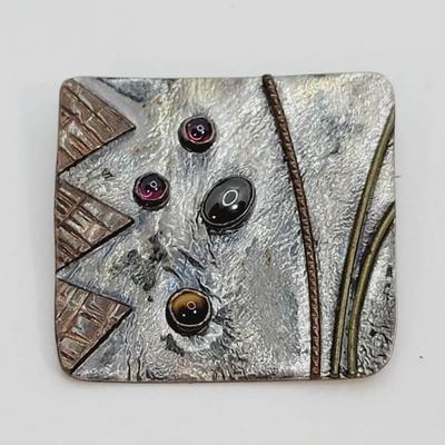 Artisan Multi Gem Organic Style Pin Silver 925 And Copper