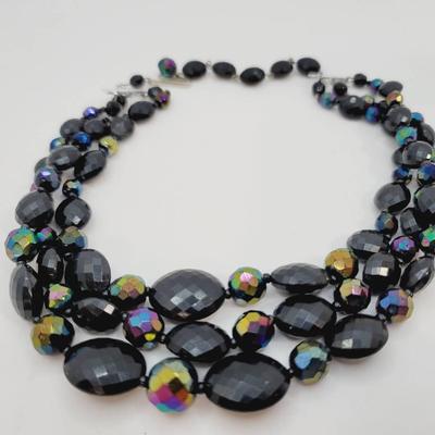 Black Aurora 3 Strand Collar Necklace West Germany Vintage 