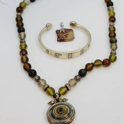 Earthy Boho Style Jewelry Lot Necklace Bracelet Pendant 3pc 