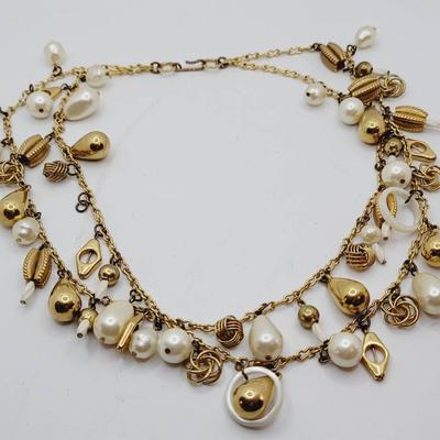 Roxsann Charm Necklace 1950s 2 Strand Mother of Pearl Bone Other Vintage 