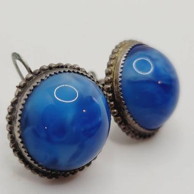 Sterling Blue Art Glass Screw Back Earrings