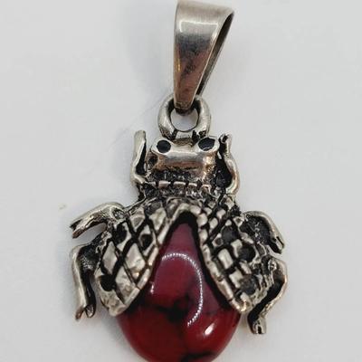 Beetle Pendant Sterling Silver 925 and Red Stone Bug Insect Charm