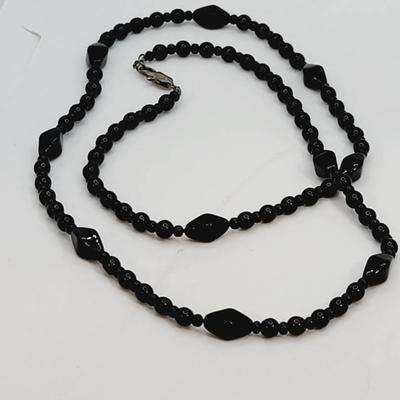 Sterling Clasp Black Glass Beaded Necklace 