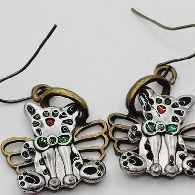 Metal Angel Cat Dangle Earrings Christmas Kitty Crazy Cat Lady Gift