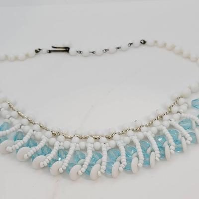 Milk Glass and Madonna Blue Beaded Vintage Necklace
