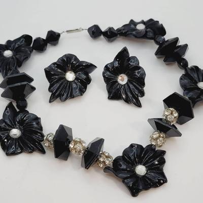 Rhinestone Black Molded Plastic Flower Necklace Earrings Vintage