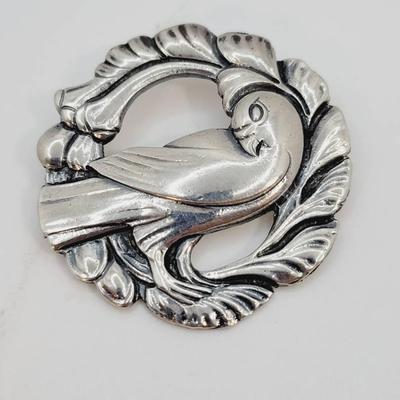 Georg Jensen Style Bird in Wreath Sterling Pin Brooch