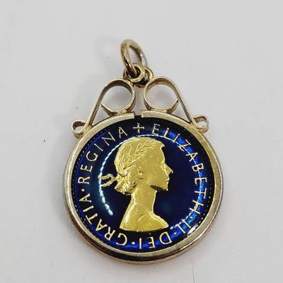 1967 Enamel Queen Elizabeth 6 Pence Coin Pendant 