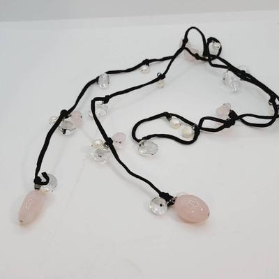 Bolo Tie Necklace Rose and Clear Quartz Crystals with Pearl 