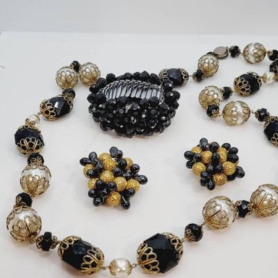 Black And Gold Tone Dramatic Vintage Jewelry Lot 