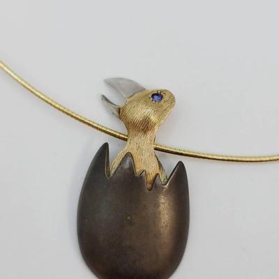 Amazing Artisan Hatching Bird Necklace with 14K Bird and Chain Signed W.L.P.