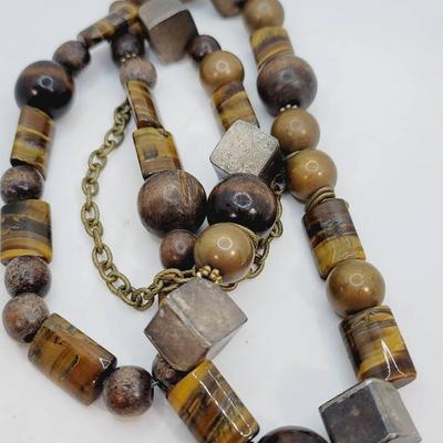 Industrial Tigers Eye Brass Wood Silver Necklace Gorgeous 
