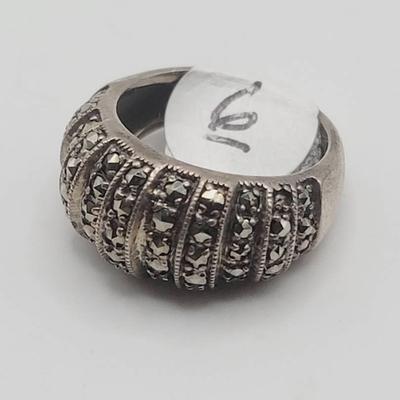 Hematite and Sterling Banded Dome Ring Size 6