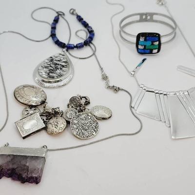 Cool Silver Locket Charm Glass Gem and Silver Tone Jewelry Lot