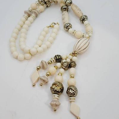 Faux Bone Cream and Gold Tone Tassel Necklace 