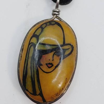 Handpainted Signed Stone Pendant 1920s Portrait 