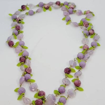 Vintage Purple Green Molded Plastic Floral Necklace
