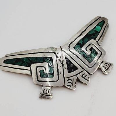Mexico Sterling Skull Eyes Butterfly Malachite Pin Pendant Vintage 