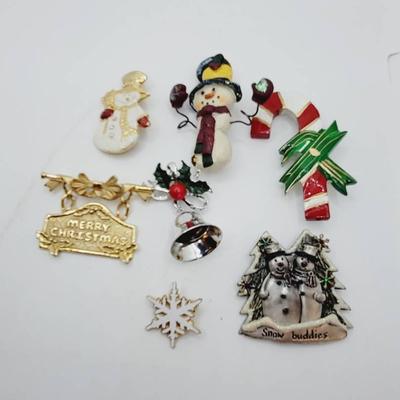 Winter and Christmas Brooch Lot Snowman Candy Cane