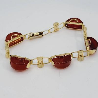 Gold Tone Vintage Carnelian Glass Bracelet Egyptian Revivial