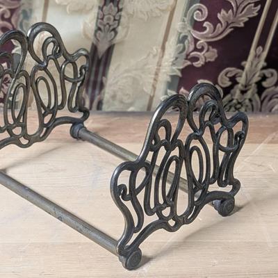 Brass Finish Cast Iron Art Nouveau Book Rack Ornate Sliding Holder Ends Antique 