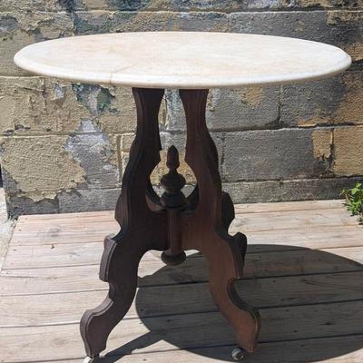 Marble Top Round Wooden Table Antique 