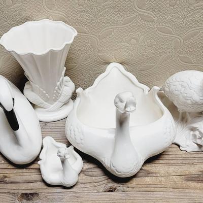 White Neutral Ceramic and Wood Vase and Figure Collection - Bird Themed
