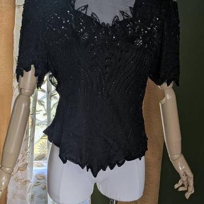 Denise Elle Vintage 100% Silk Sequins Beaded Evening Blouse Scalloped Hem XL