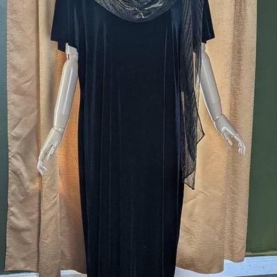 VTG Sheri Martin Black Velvet Maxi Dress ~ Metallic Gold Scarf ~ 20