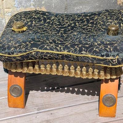 Green and Gold Saddle Stool / Ottoman Vintage 