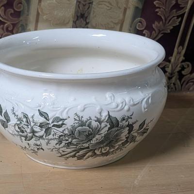 Victorian Green Transferware Porcelain Handled Chamber Pot Antique 