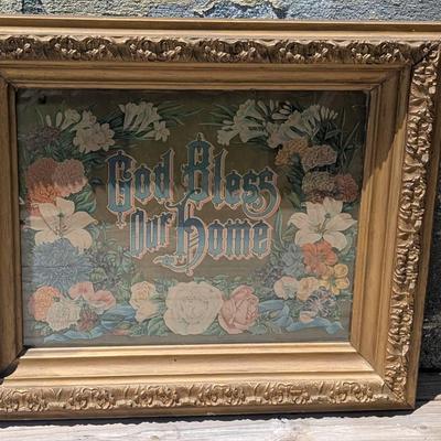 Framed "God Bless Our Home" Art Antique TLC