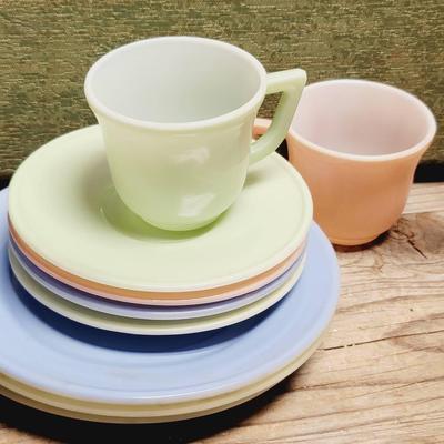Hazel Atlas Pastel Kids' Glass Dishes - Teacups, Saucers, & Plates in Gorgeous Tones