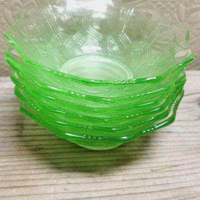 Art Deco Honeycomb Green Depression Glass Bowls 6pc