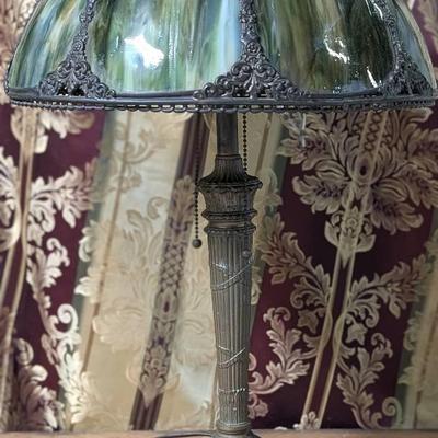 Beautiful Cast Metal and Green Slag Glass Lamp Likely from the Early 1900s